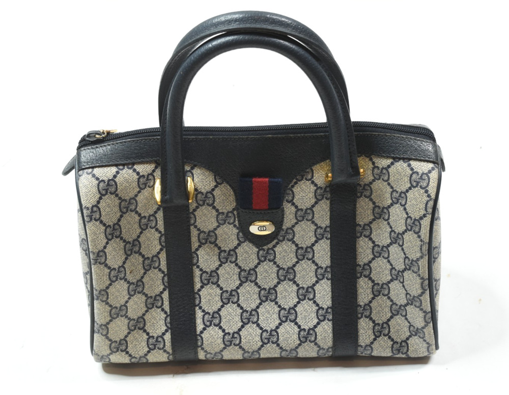 Vintage Gucci Accesory Collection Boston Bag Brown Navy GG Leather 40.02.006